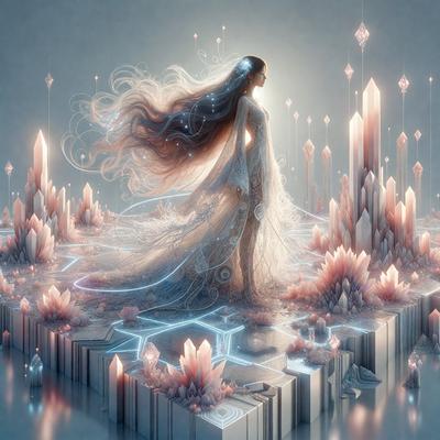The primary subject of the image is a woman with long hair, dressed in a flowing white gown. She is standing in a beautiful, colorful environment with a mix of natural and artificial elements. The setting includes a variety of crystals, rocks, and other decorative elements, creating a visually stunning and serene atmosphere. The visual style of the image is digital art, with the woman and her surroundings rendered in a detailed and intricate manner. The colors and mood of the image are predominantly warm
